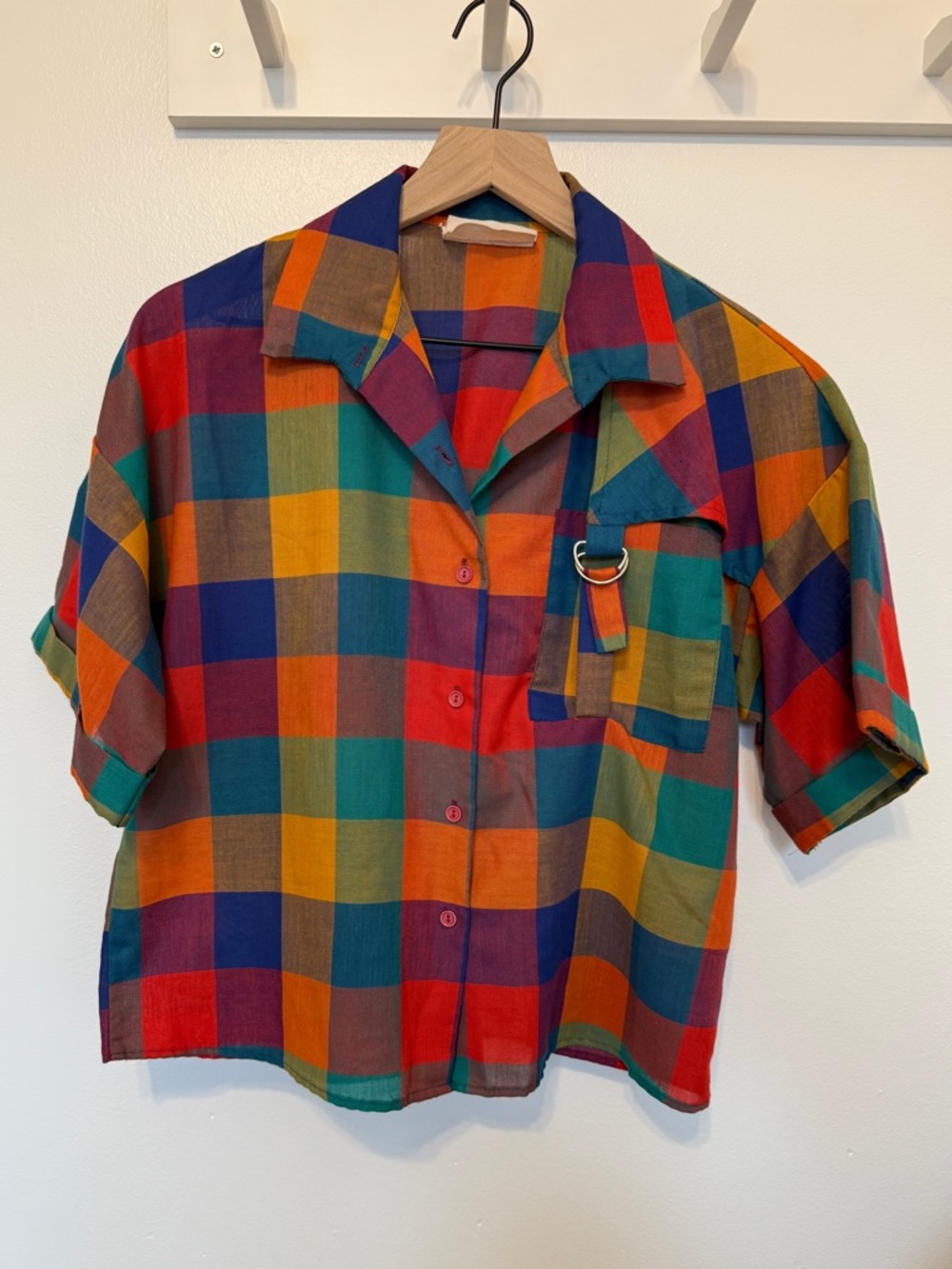 Vintage colorblock Plaid Short Sleeve Blouse